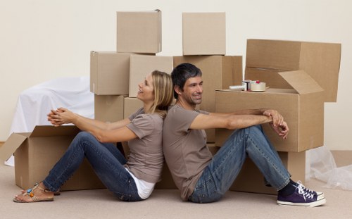 Professional movers carrying boxes in a Putney flat