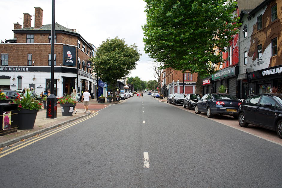 A wide street scene in Putney with a loading bay area designated for house removals and furniture transport. On the left side, outside a pub or restaurant, there are large flower planters, pedestrians walking, and a black lamp post. The road features a central dashed white line indicating lane division, with parked cars lining both sides, including compact and sedan models. A few individuals are visible potentially involved in a home relocation or moving process, with some near the pavement and others approaching buildings. Tall trees with green foliage partly shade the area, and nearby buildings include a mix of commercial establishments, such as a pharmacy and shops. The scene appears to be during the daytime with overcast weather providing diffuse lighting, suitable for contextual understanding of urban moving logistics and loading zones, as managed by [COMPANY_NAME], with the environment prepared for unloading or loading furniture and packing materials as part of house removals or estate moves.